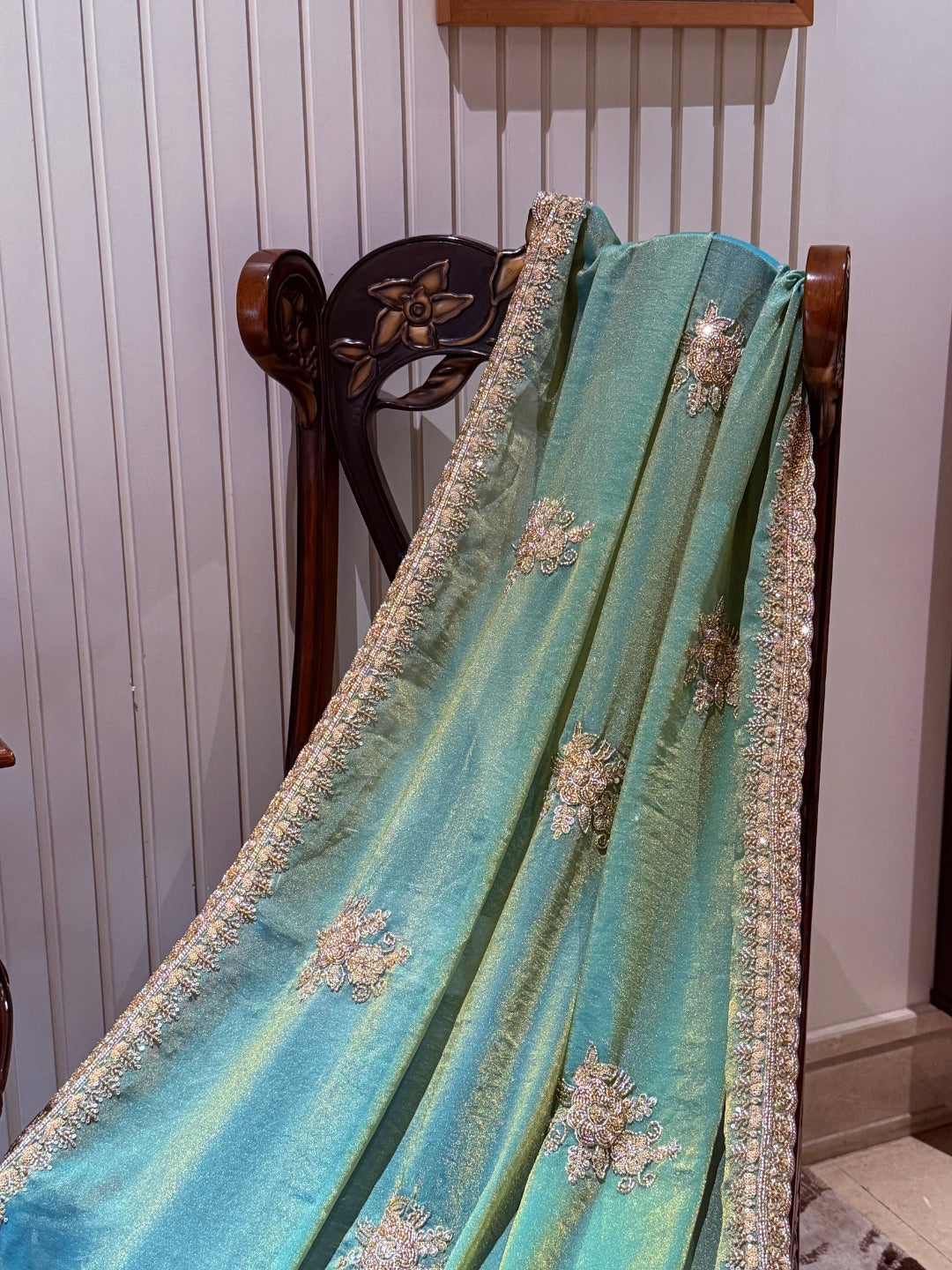 Embellished Art Silk Saree with Sequin Floral Motifs & Crystal Bead Border