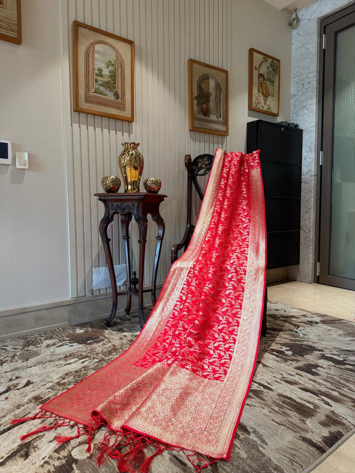 Red Floral Jaal Zari Woven Banarasi Art Silk Saree with Broad Golden Borders.