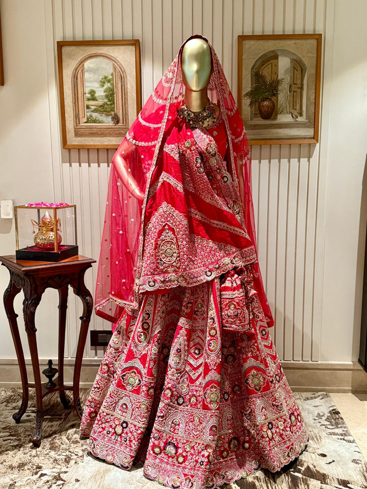 Zardozi Hand-Embroidered and Mirror Work Embellished Bridal Lehenga Choli