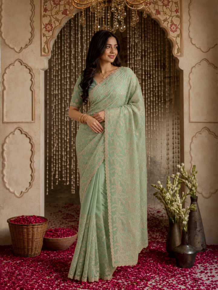 Organza Silk Thread & Sequin Floral Embroidered Saree with Blouse Piece in Mint Green