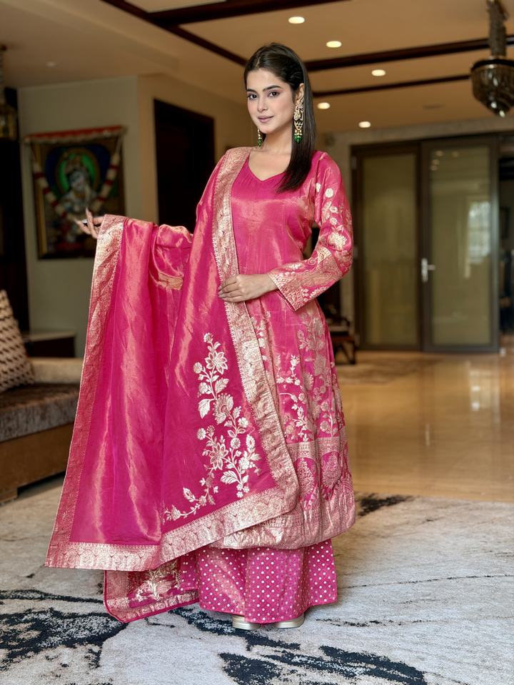 Banarasi Silk Kurta Set with Zari Woven Floral Border, Polka Dot Palazzo & Dupatta