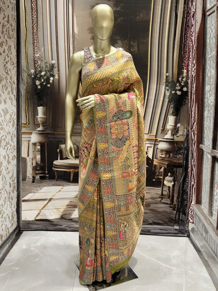 Olive Green Banarasi Meenakari Silk Saree with Shikargah Figures & Contrast Border