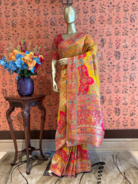 Multicolor Yellow Rani Pink Saree with Ethnic Temple & Paisley Digital Print