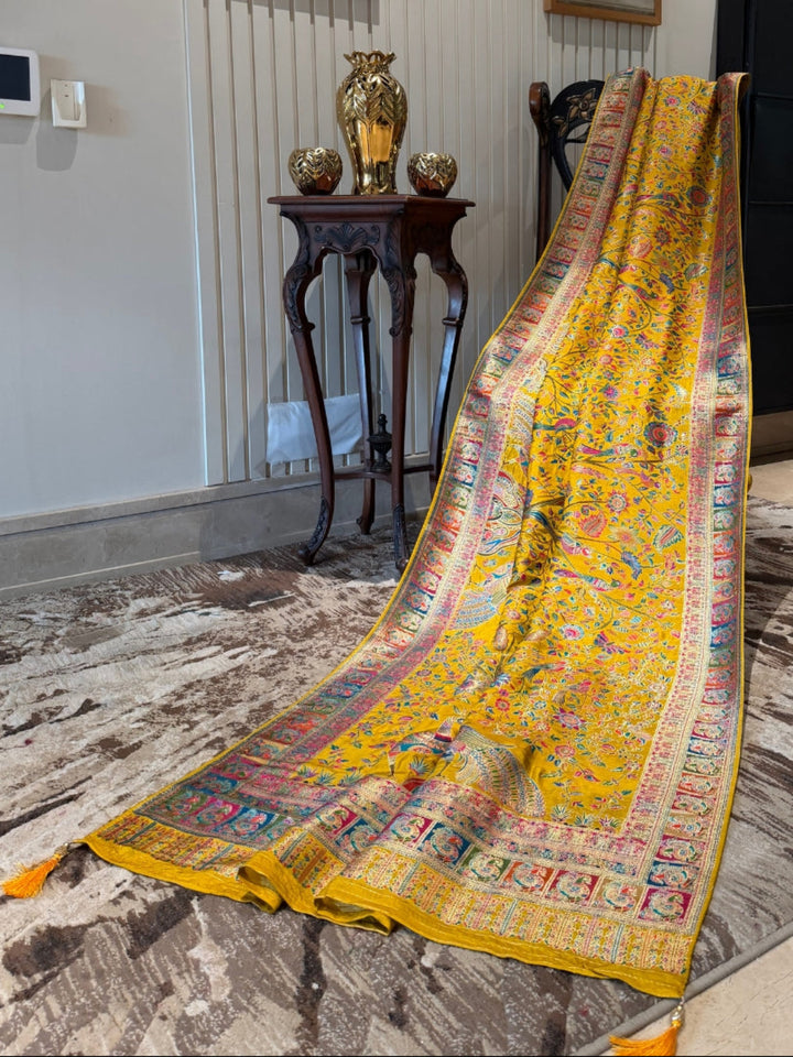 Yellow Meenakari Style Floral & Bird Jaal Zari Woven Saree with Panel Border