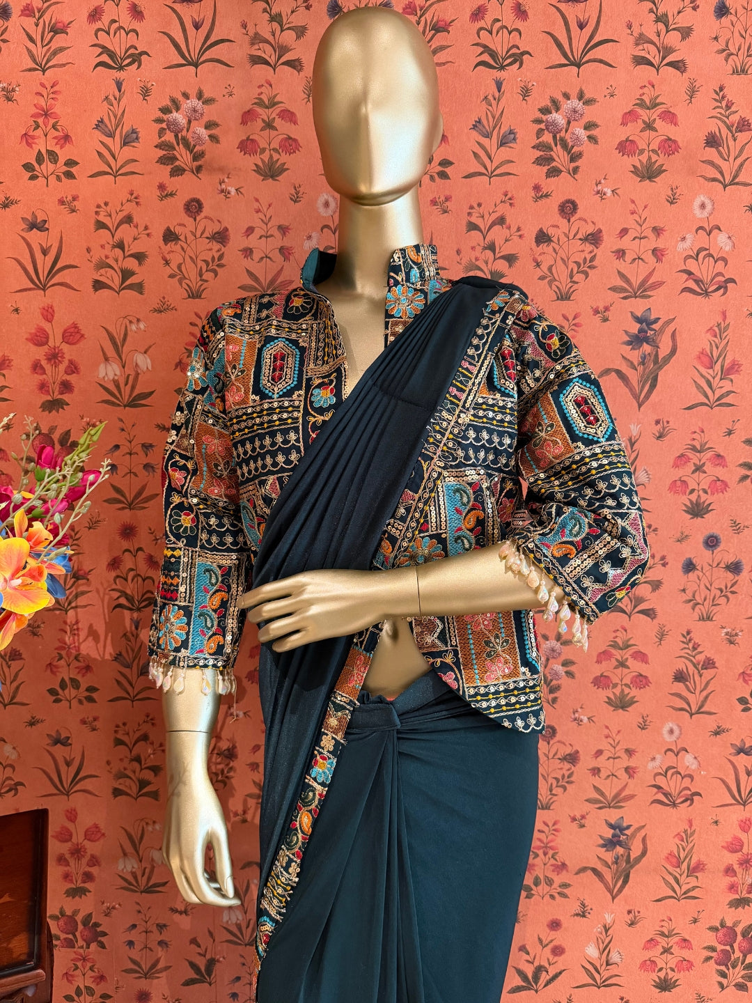 Teal Draped Saree with Multicolour Embroidered Jacket Blouse and Mirror Detailing