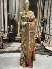 Cream Banarasi Woven Floral Saree with Rani Pink Temple Border and Rich Pallu