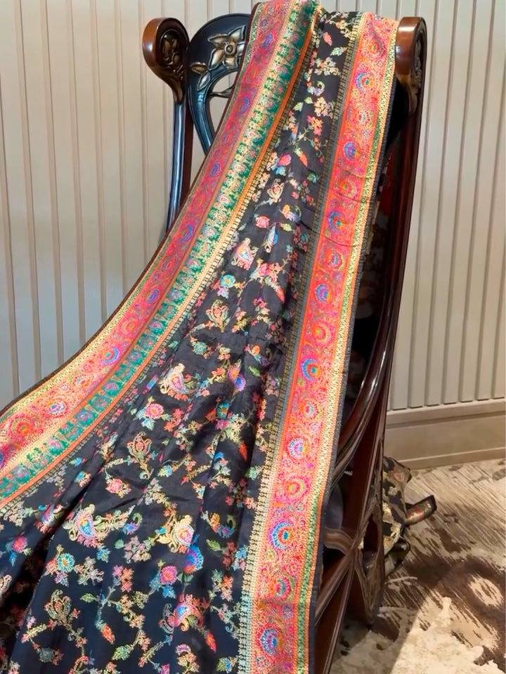Elegant Black Banarasi Silk Saree with Multicolor Meenakari Jaal & Peacock Motif Zari Border