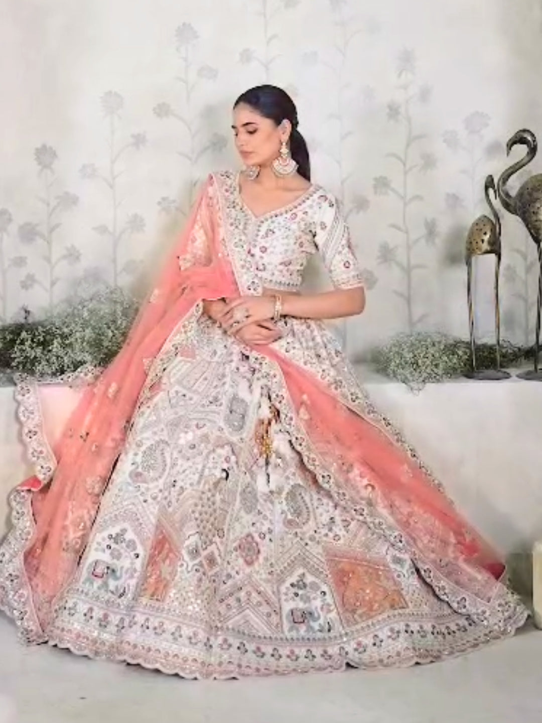 Multicolour Resham Embroidered Lehenga with Peach Net Dupatta