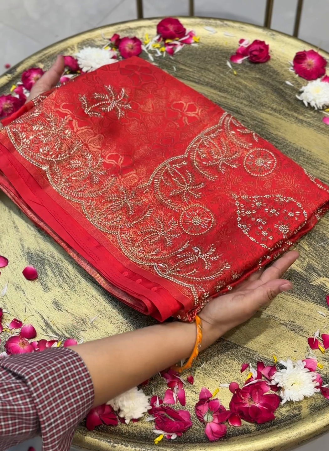 Banarasi Silk Zari Woven Floral Jaal Saree with Cutdana & Sequin Embroidered