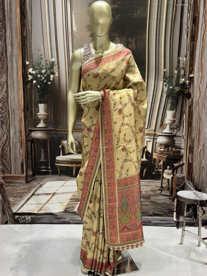 Pastel Beige Banarasi Meenakari Silk Saree with Multicolour Floral Jaal & Paisley Pallu