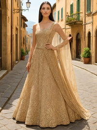 Golden Sequined Embroidered Net Lehenga with Floral and Zari Work