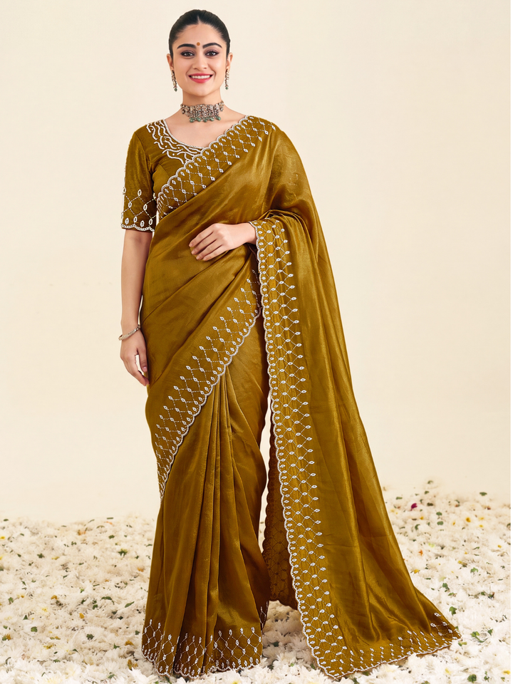 Sequin Embroidered Scalloped Border Saree with Embroidered Blouse