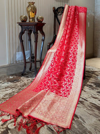 Red Floral Jaal Zari Woven Banarasi Art Silk Saree with Broad Golden Borders.
