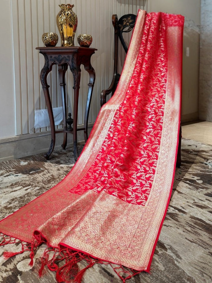 Red Floral Jaal Zari Woven Banarasi Art Silk Saree with Broad Golden Borders.
