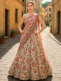 Floral Zari & Sequin Work Embroidered Lehenga with Dupatta & unstitched Blouse