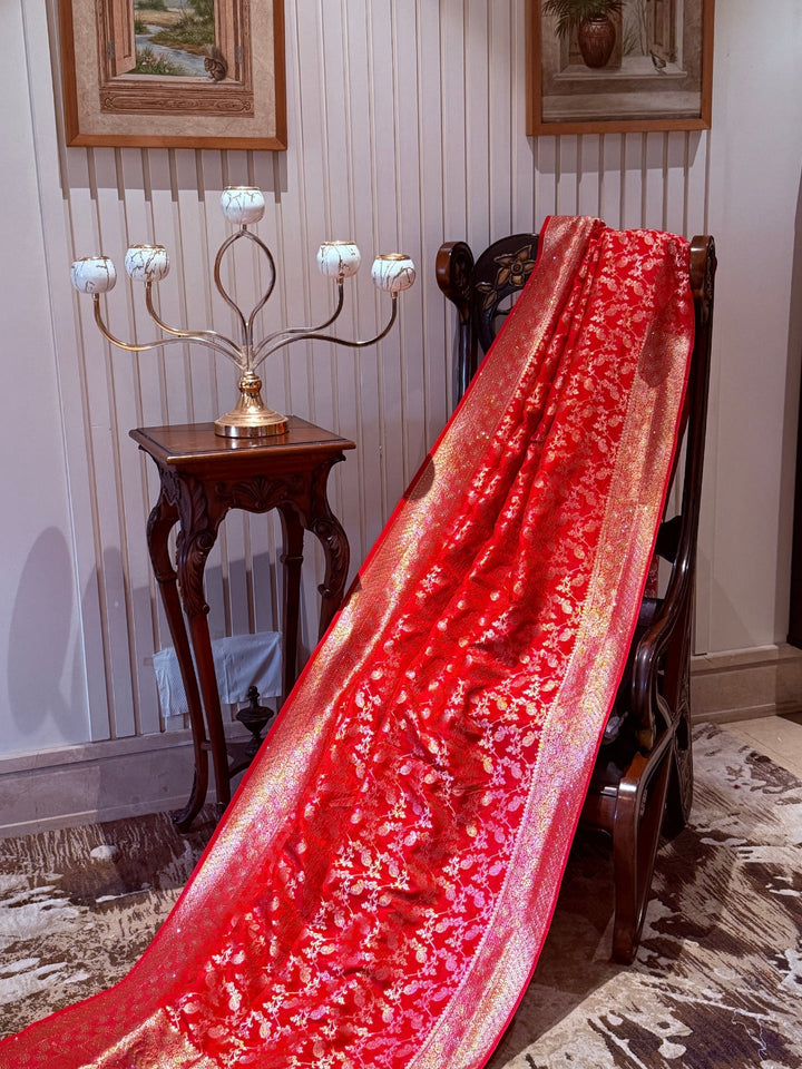 Banarasi Art Silk Saree with Gold Zari Floral Paisley Motifs & Brocade Border