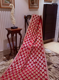 Red Net Saree with Dense Gold Floral Zari, Sequin & Bead Embroidery, Scallop Border