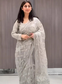 Elegant Silver Grey Embroidered Net Saree with Sequin Work & Full Sleeve Blouse