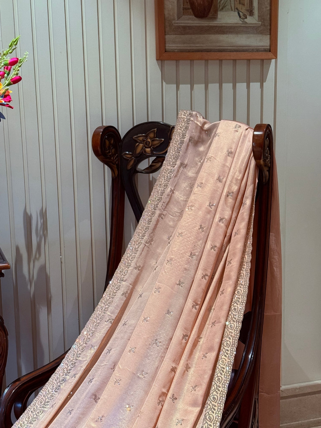Saree with Hand-Embroidered Sequin Buttas & Heavy Crystal Border