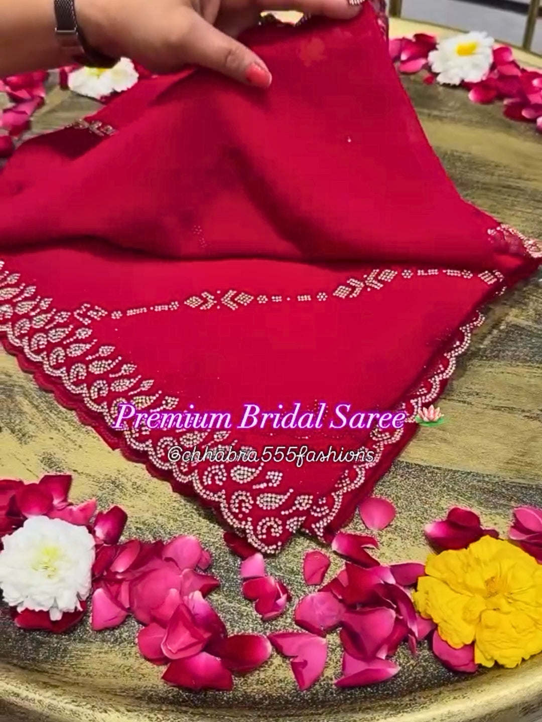 Solid Red Bridal Saree with Zircon Embellishments & Scallop Border