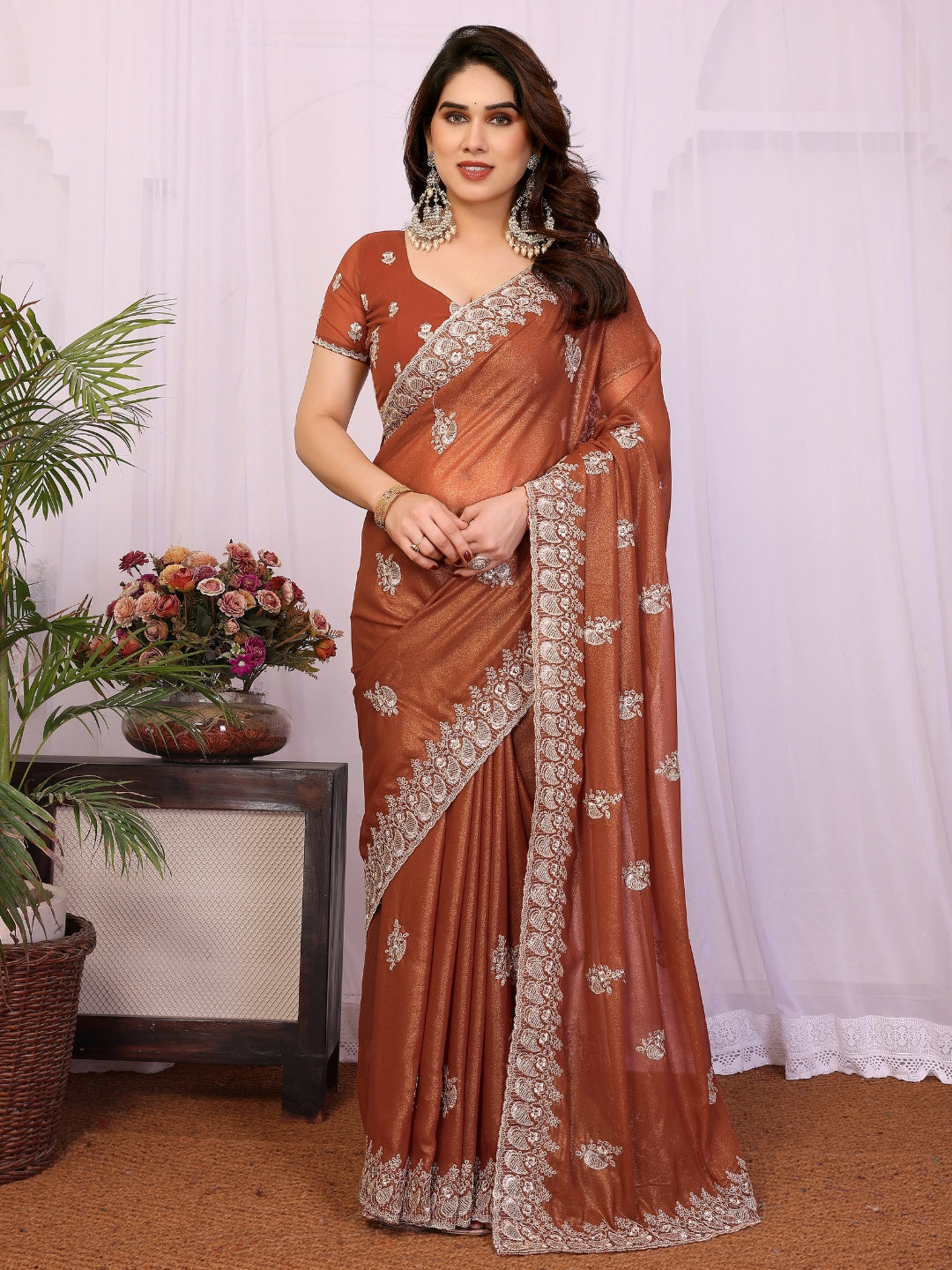 Burnt Copper Shimmer Saree with Silver Thread Embroidered Butis & Scalloped Border