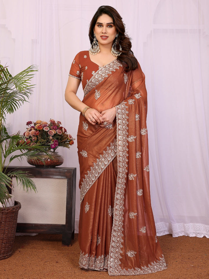 Burnt Copper Shimmer Saree with Silver Thread Embroidered Butis & Scalloped Border