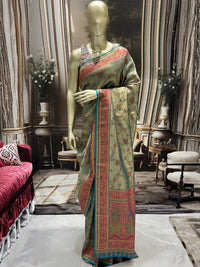 Pista Green Banarasi Meenakari Silk Saree with Floral Jaal & Teal Paisley Pallu