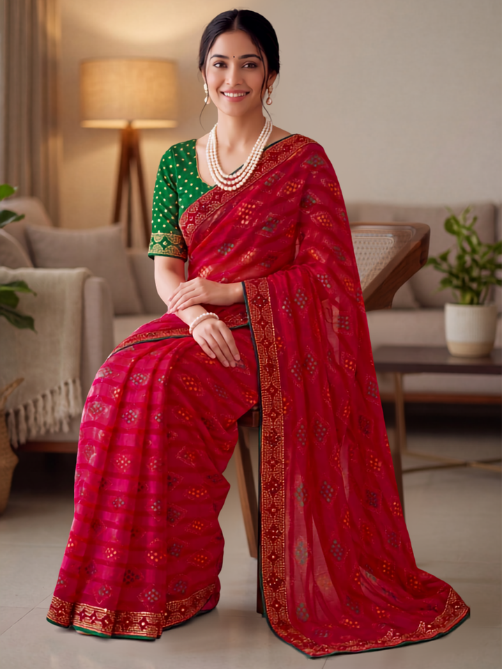 Bandhani Printed Saree with Contrast Pink Border