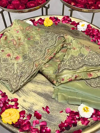 Pastel Green Soft Organza Saree with Floral Embroidery & Cutwork Beaded Border