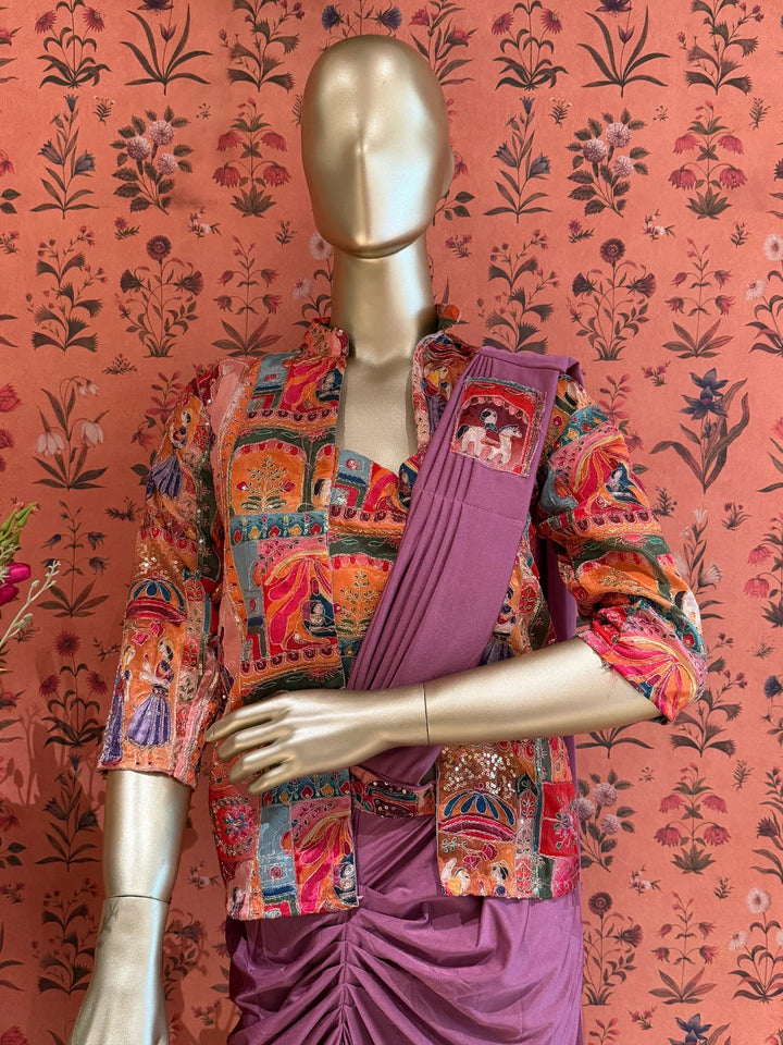 Mauve Draped Saree with Multicolour Folk Print Jacket Blouse and Sequin Highlights