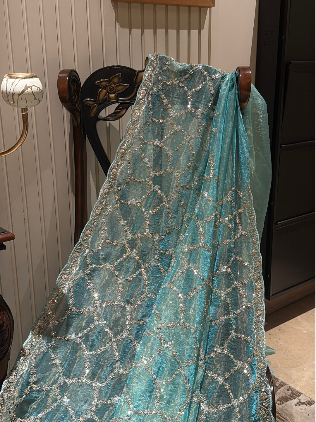Shimmer Net Saree with All-Over Geometric Mirror & Sequin Hand Embroidery Border