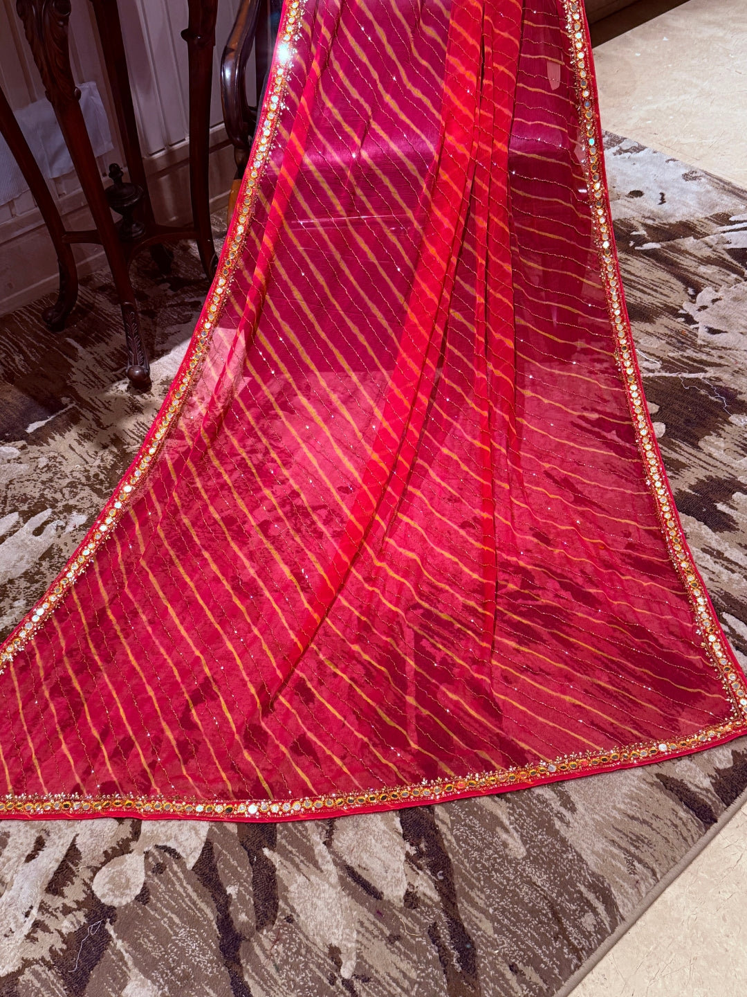 Bandhej Saree with Mirror Embroidery and Sequin Work Broad Decorative Border