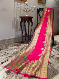 Rani Pink Kashmiri Woven Saree with Temple Buta Border and Rich Story Pallu