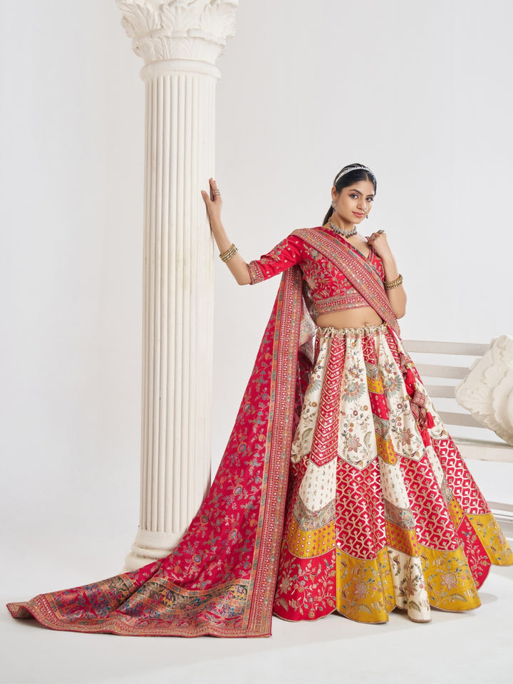 Brocade patchwork lehenga choli with zari, thread embroidery and Banarasi woven dupatta.