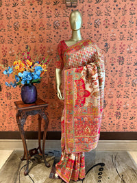 Cream Red Saree with Ethnic Temple Scene & All Over Paisley Digital Print