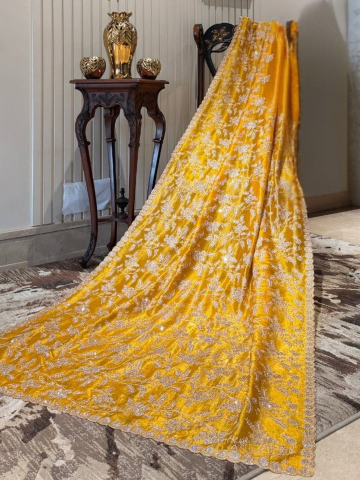 Yellow Floral Embroidered Silk Blend Saree with Ivory Threadwork Border
