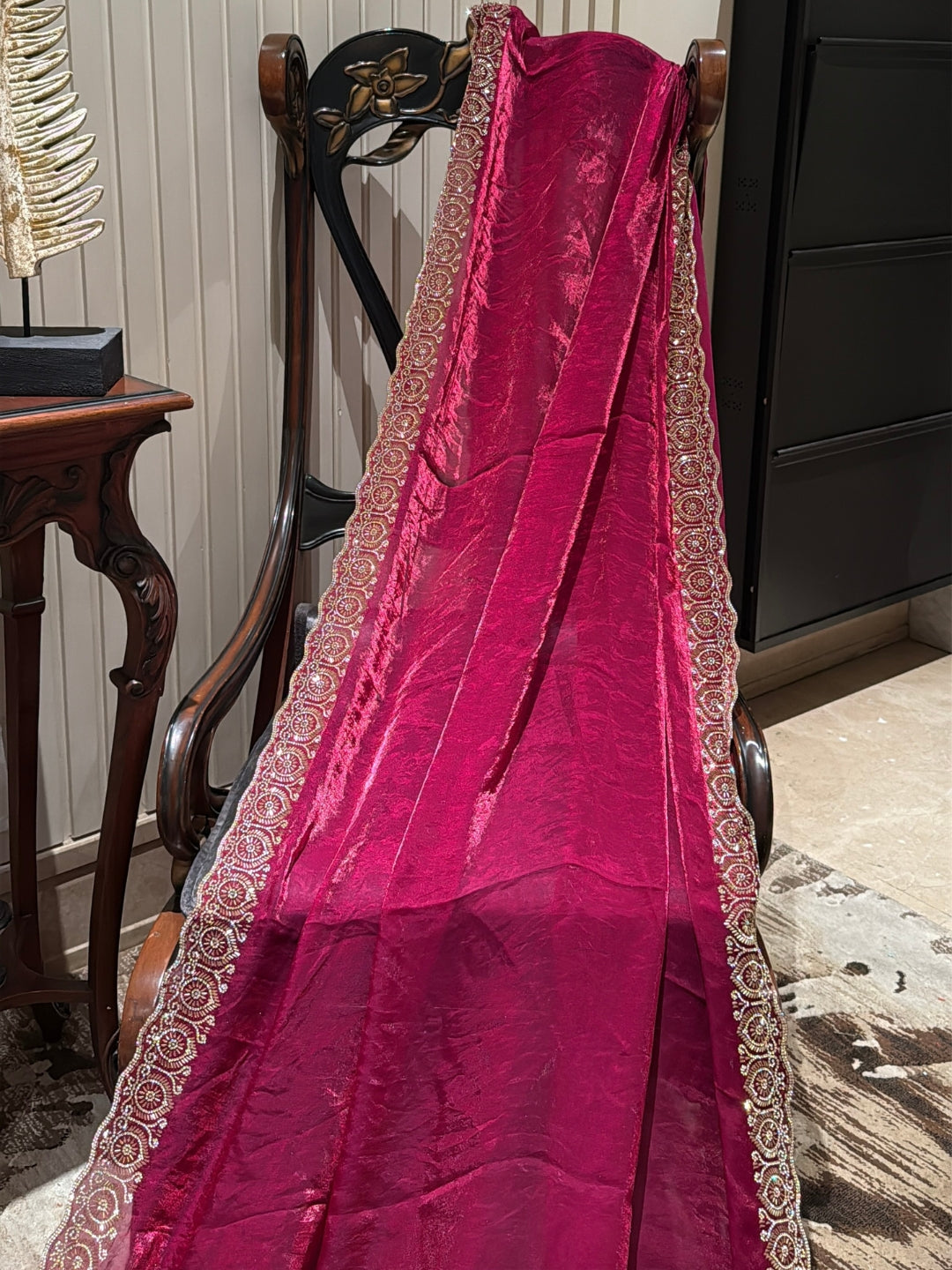 Magenta Shimmer Tissue Saree with Heavy Gold Sequin Circular Embroidered Scallop Border