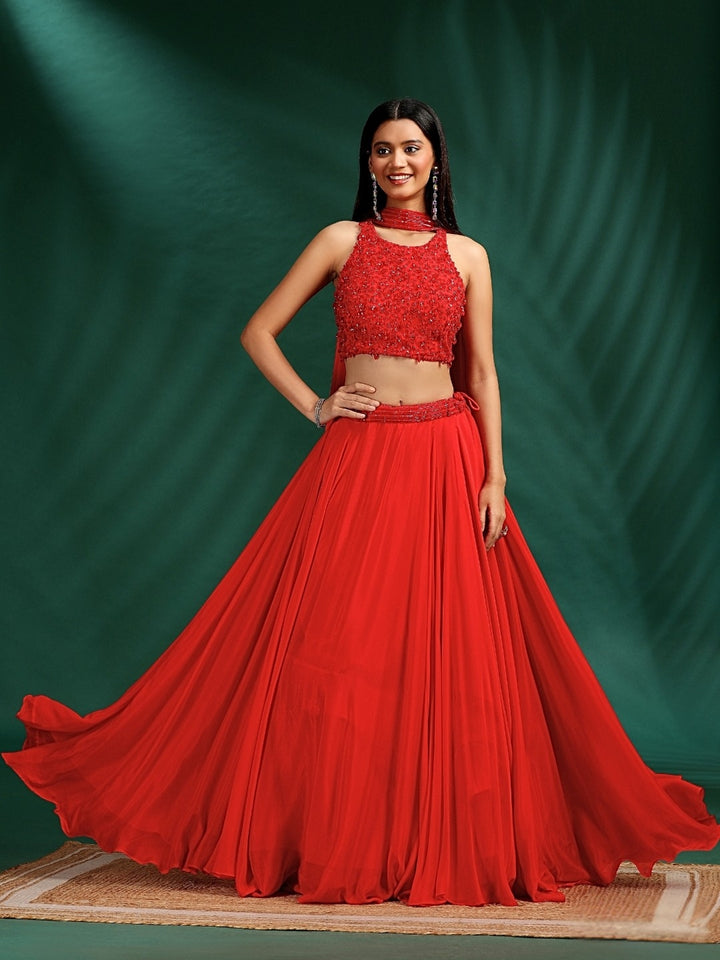 Georgette Sequin & Bead Embroidery Crop Top Lehenga with Dupatta