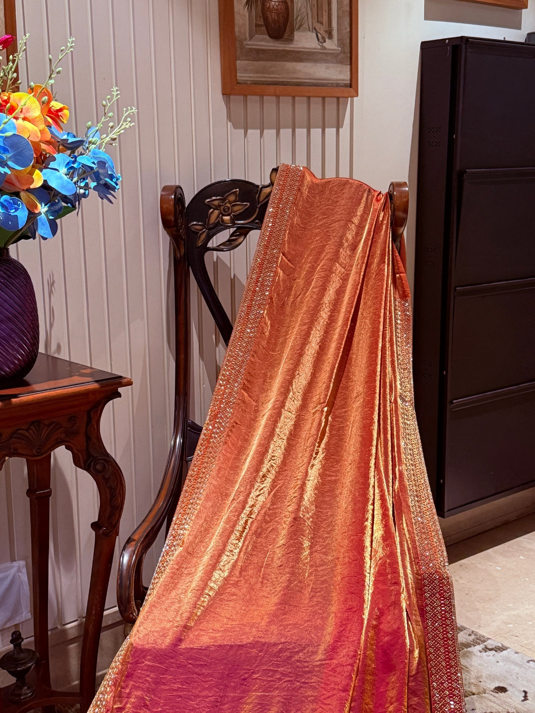 Shimmer Georgette Saree with Sequin Bead Strip Border, Dual Tone Finish