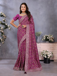 Bandhani Print Saree with All-Over Zari Checks and Embroidered Blouse