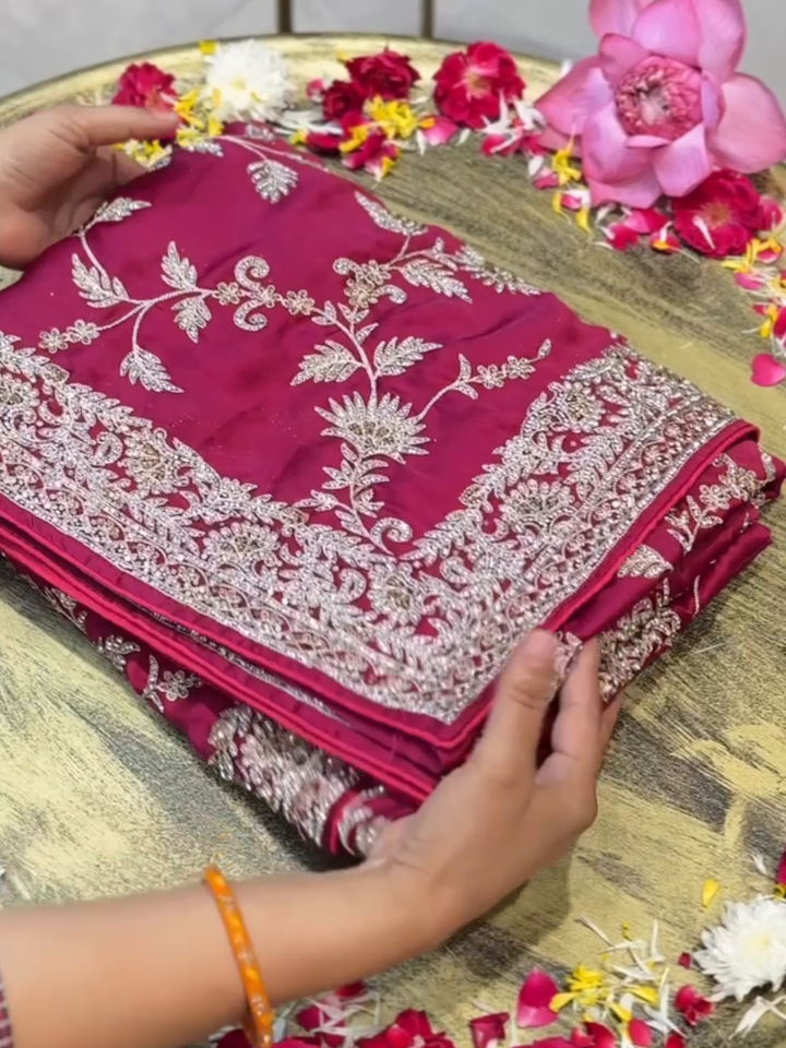 Satin Silk Heavy Zari & Sequin Embroidered Floral Saree