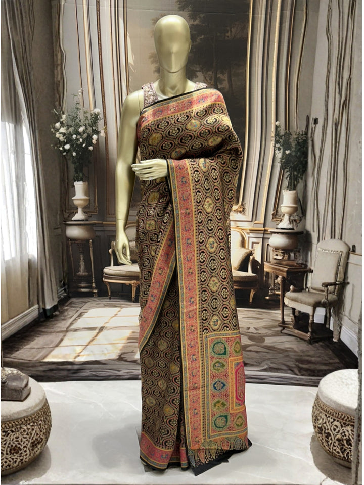 Black Banarasi Silk Saree with Paisley Jaal, Elephant–Peacock Pallu & Contrast Border