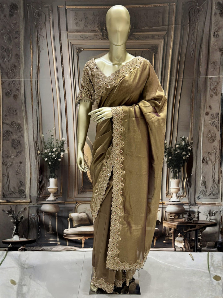 Olive Gold Silk Saree with Heavy Pearl, Zardozi & Stone Embroidered Scalloped Border