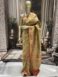 Golden Beige Shikargah Banarasi Silk Saree with Forest Scene Pallu & Red Zari Brocade