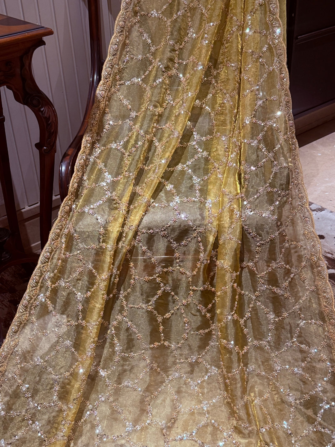 Gold Shimmer Net Saree with Geometric Trellis Mirror & Floral Sequin Handwork Border