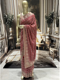 Red Saree with Heavy Zari Thread, Stone Embroidery, Scalloped Border with Blouse Piece