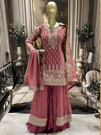 Mauve Pink Gharara Set with Zari, Sequin & Resham Embroidery and Pearl Detailing
