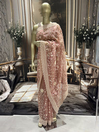 Blush Pink Net Saree with Ivory Sequin Floral Embroidery & Ornate Scallop Border