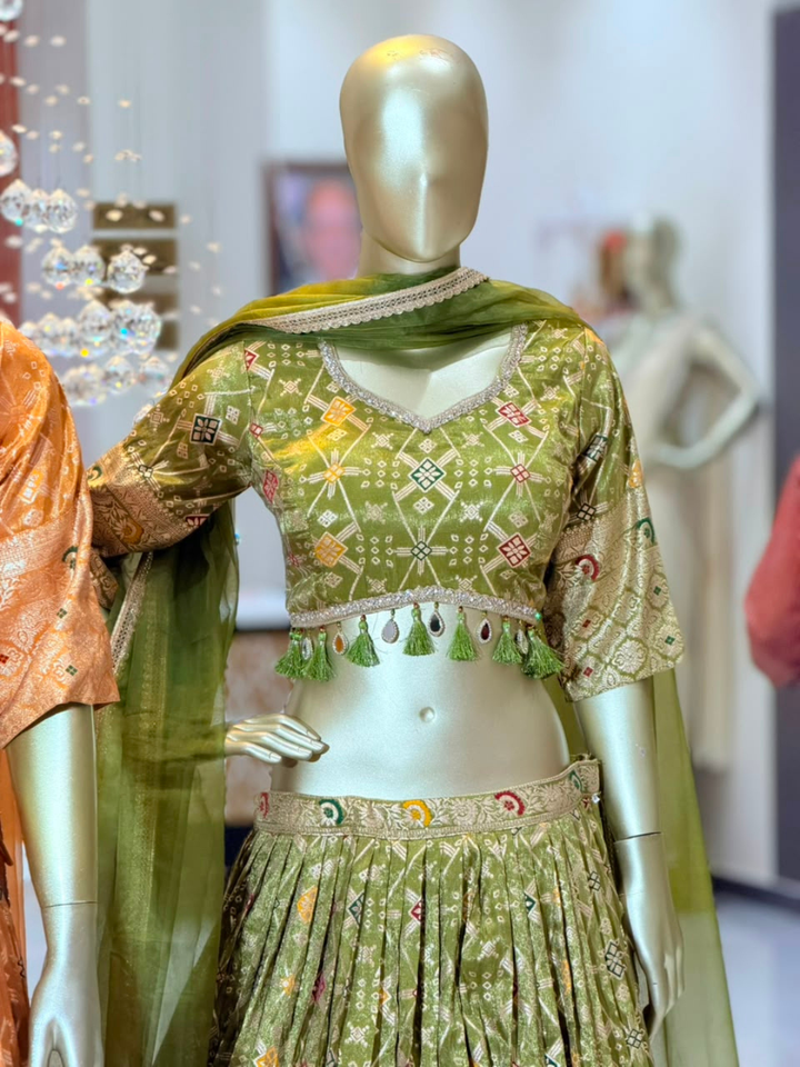 Banarasi Woven Lehenga Choli with Tassel Latkan in Mehendi Green