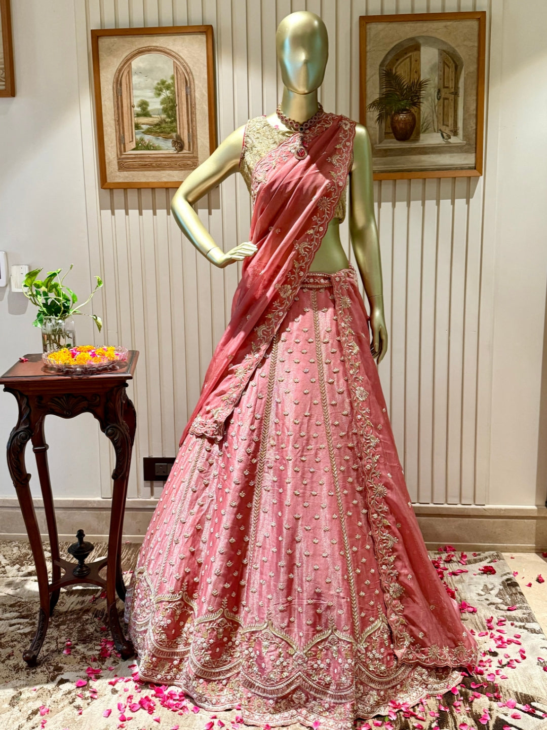 Elegantly Embroidered Rose-Pink Net & Silk Lehenga Choli Set with Dupatta